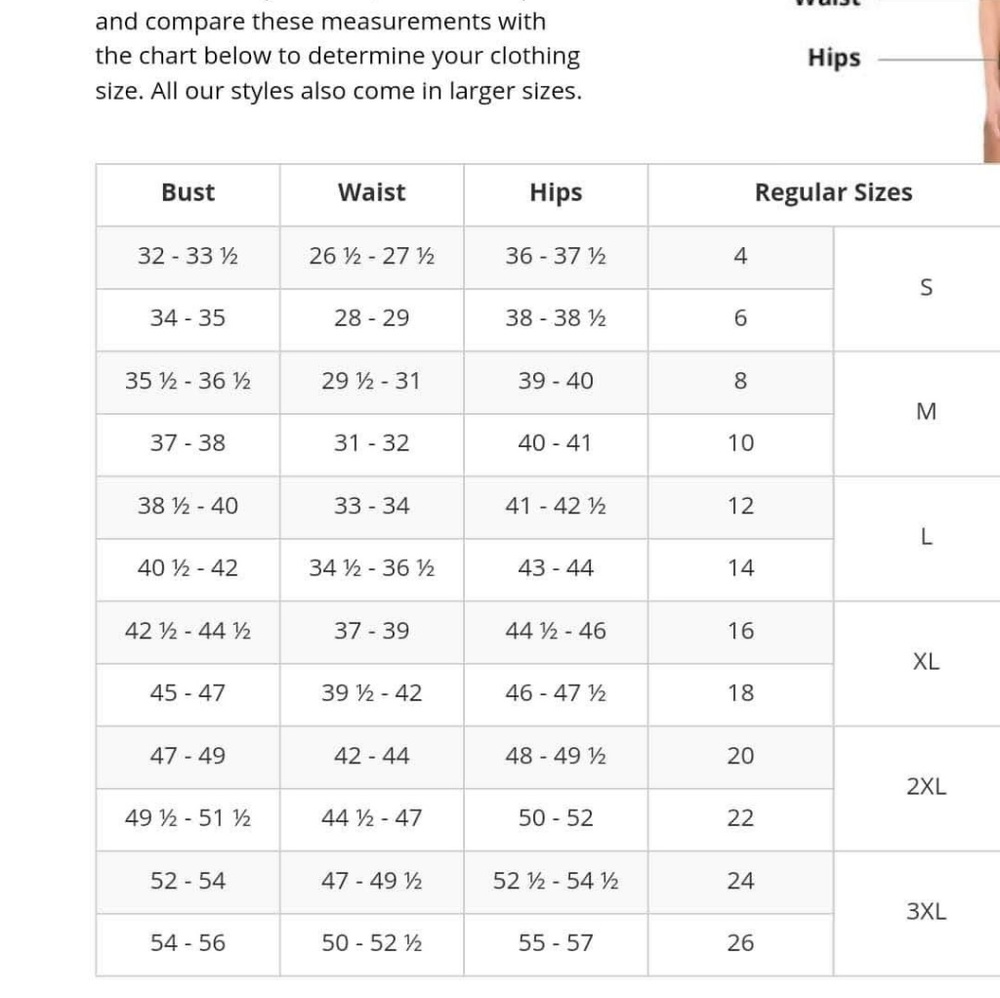 Size Chart for women sizes
